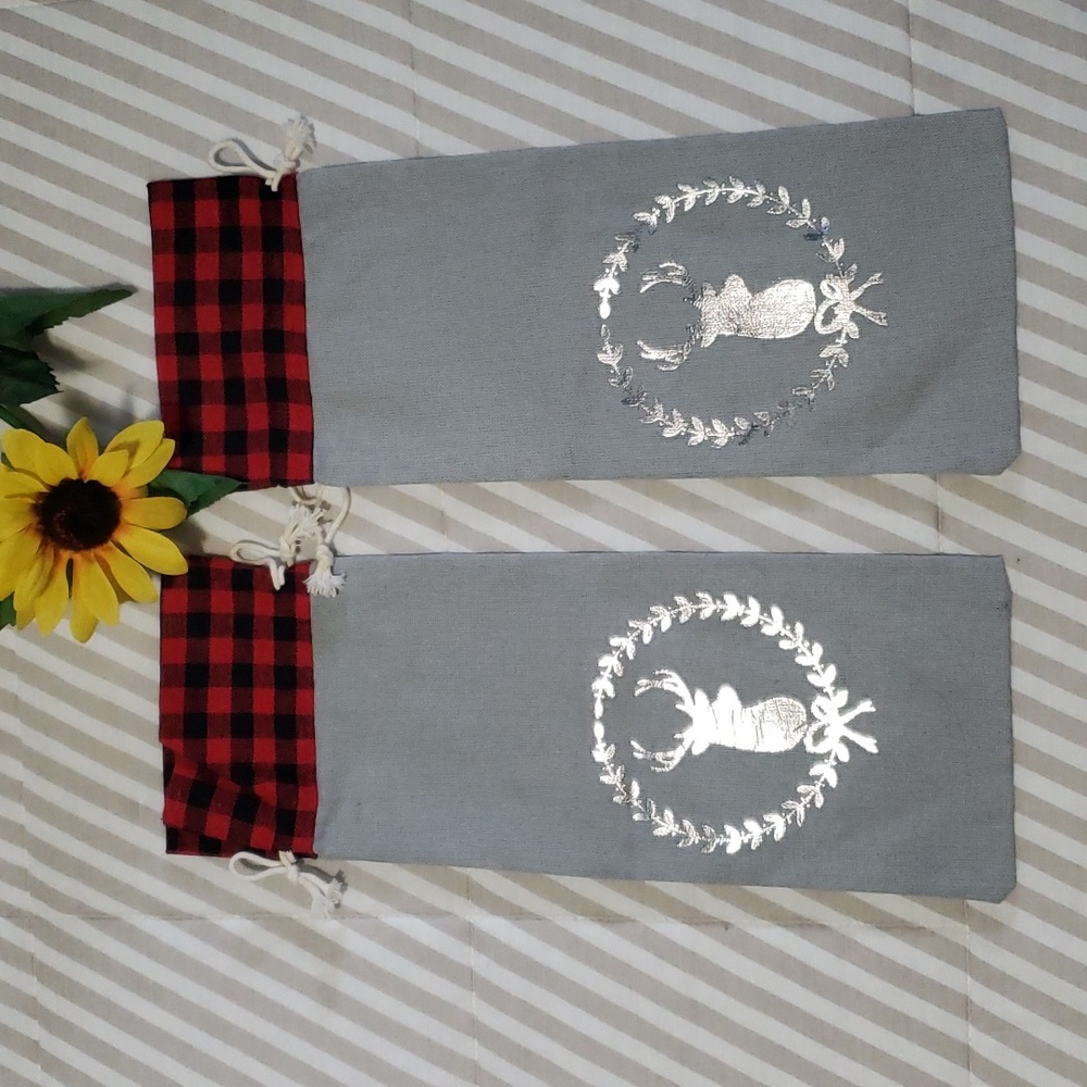 Festive Buffalo Check Red Gray Silver Holiday fabric bag  Set